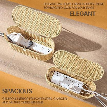 FairyHaus Cable Management Box 2Pack Caramel, Handwoven Large and Small Cable Organizer Box Cover to Hide Cords and Power Strip, Imitation Wicker Cord Organizer Box Hider for Office Desk and Floor