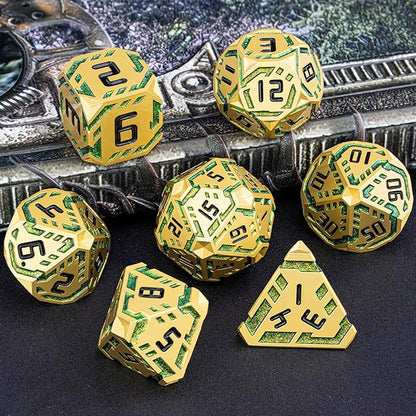 Metal DND Sci-fi Dice Set 7PCS Stripe Polyhedral Dice for Dungeons Dragons RPG Role Playing Game, Glitter D and D Dice with Gift Box D6 D8 D10 D12 D20 (Golden Green)
