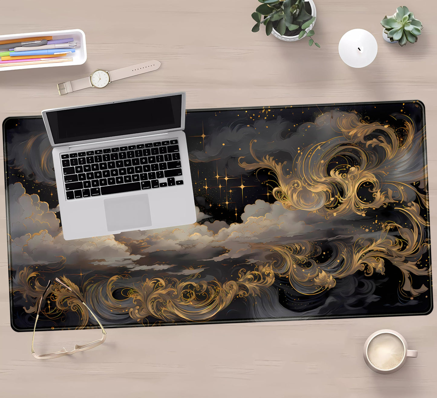 DKPXFG Golden Moon Desk Pad Black Desk Mat XXL Mouse Gaming Pads, Starry Sky Keyboard Pads Extra Large Desktop Computer Mats with Non-Slip Base & Stitched Edges, Vintage Office Decor 31.5" x 15.7"
