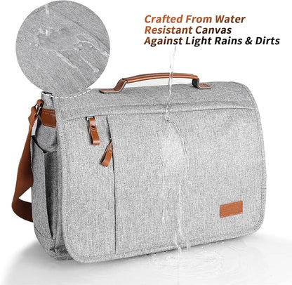 ESTARER Messenger Bag 17-17.3 Inch, Men's Computer Bag Water-resistant Canvas, Laptop Shoulder Bag for Travel Work College, Light Grey