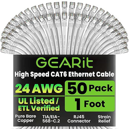 GEARit Cat 6 Ethernet Cable (50-Pack 1 Foot) Cat6 Network Patch, 10Gbps, RJ45, Snagless Cord, Gold-Plated Connectors, Internet for PC, TV, Tablet, Router, Printer, Servers, IT Data Center - White
