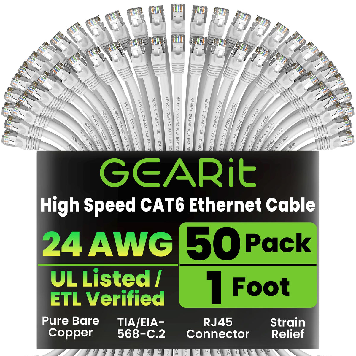 GEARit Cat6 Patch Cables Cat 6 Ethernet Cable 2 ft 50-Pack Black