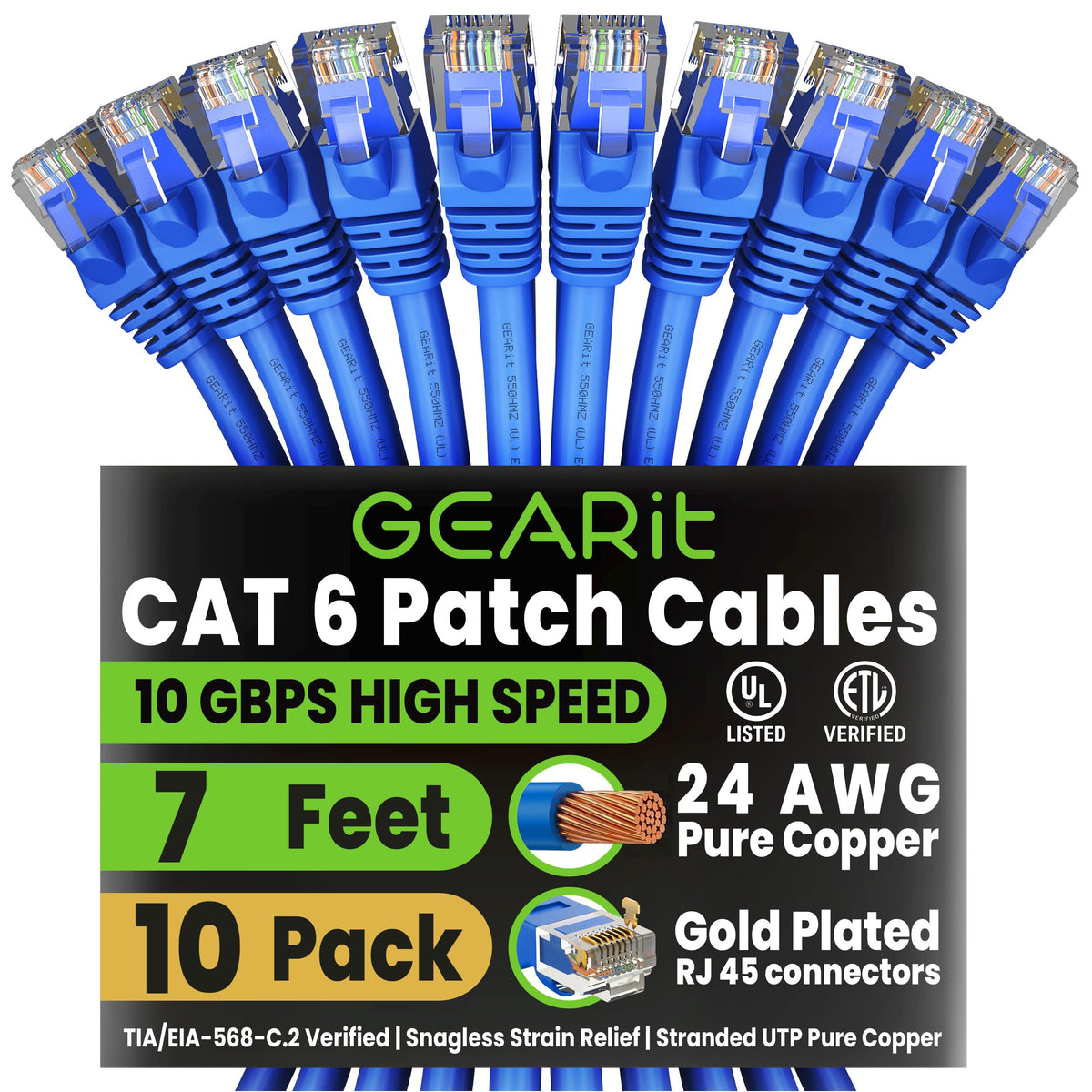 GEARit Cat6 Patch Cables Cat 6 Ethernet Cable 6 ft 10-Pack Green