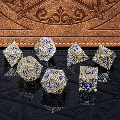 Rolledomain Metal Hollow DND Dice Set with A Gift Box, Silver Metallic Luster Maze Design, Ideal DND Dice Set for D&D DM and Players, Perfect for Dungeons and Dragons, MTG, COC Game Meetings (Cleric)