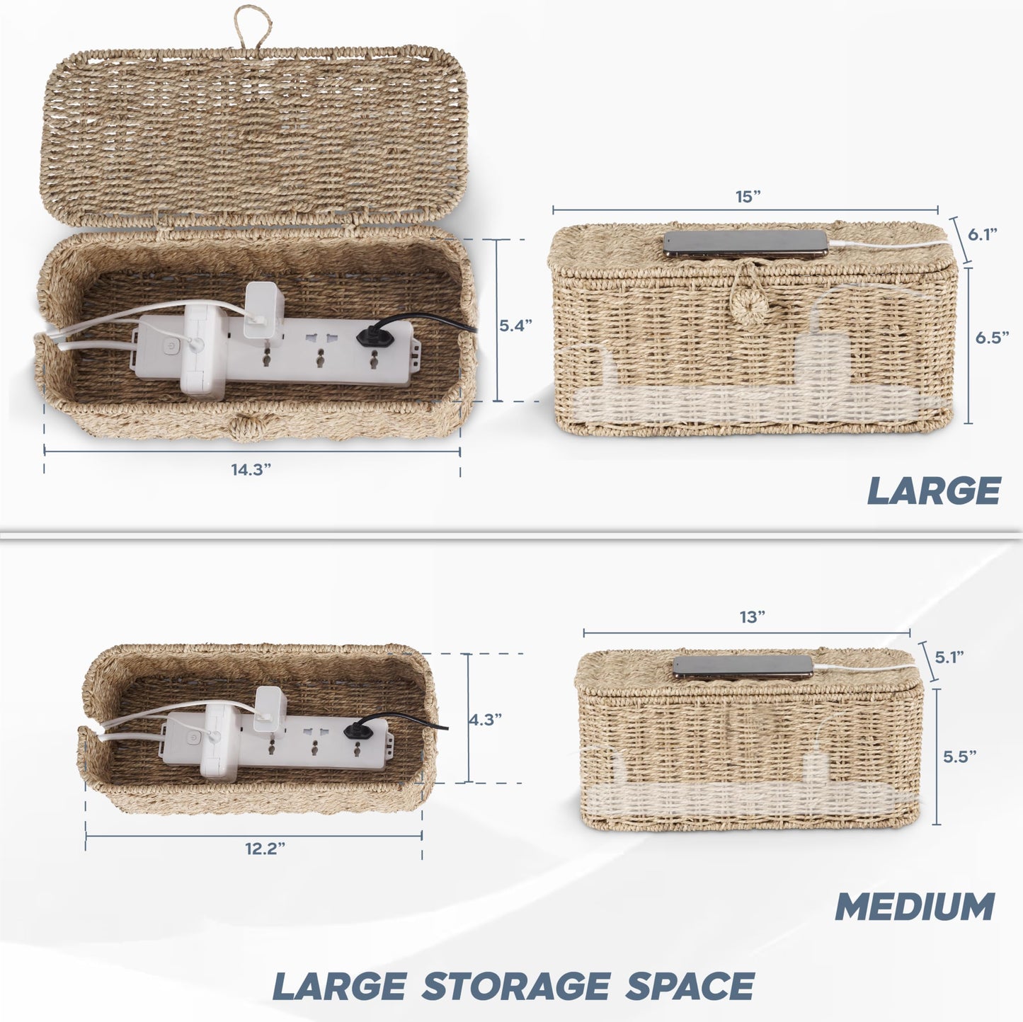 Bluewest 2-Pack Large Cable Management Box,Natural Rattan Cable Cord