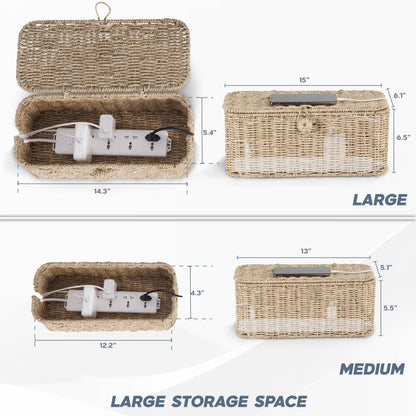 Bluewest 2-Pack Large Cable Management Box,Natural Rattan Cable Cord