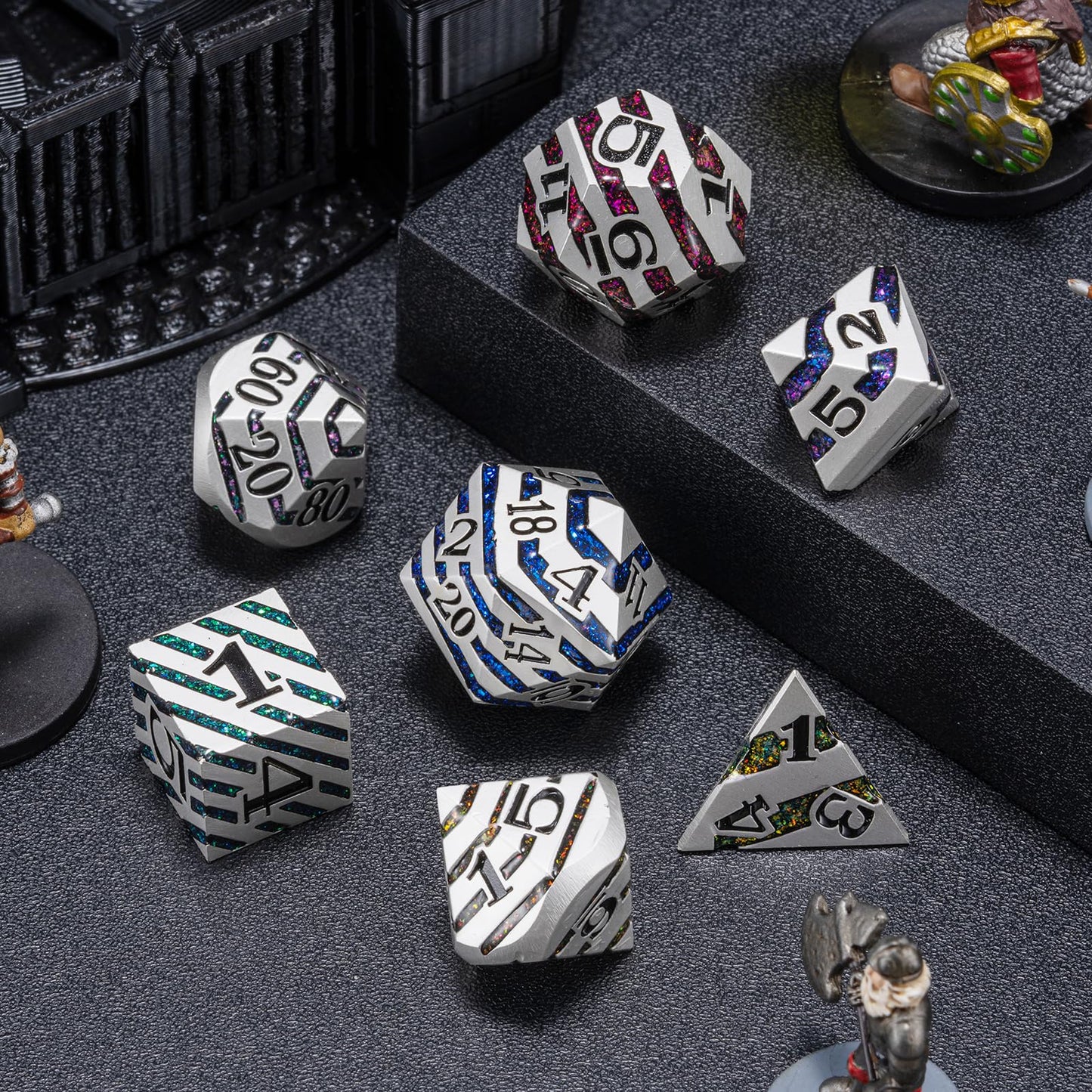 Maywin Luxury Inlay Metal Dice Set, Heavy Zinc Alloy Dice with Decorative Inlay for DND & RPG Games