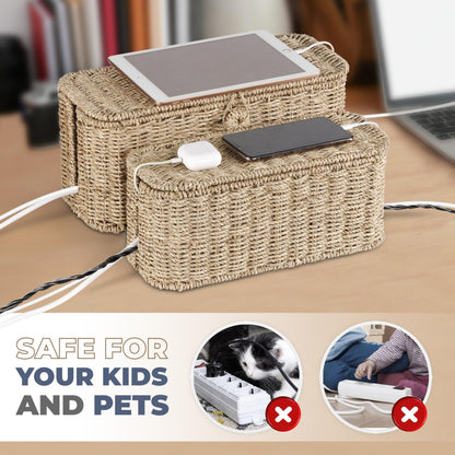 Bluewest 2-Pack Large Cable Management Box,Natural Rattan Cable Cord
