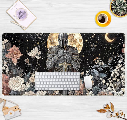 Cute Vintage Floral Mouse Pad Warrior Gaming Desk Mat Retro Flowers Mousepad XXL Large Extended Boho Aesthetic Desk Pad, Laptop Computer Keyboard Mouse Mat, Desktop Pad Mat for Women 31.5x15.7 in
