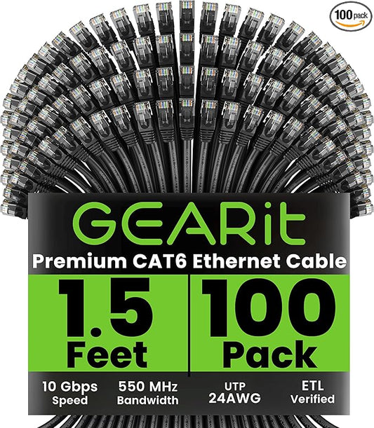 GEARit Cat 6 Ethernet Cable Pack - 100-Pack 1.5 ft Cat6 Ethernet Patch Cables | RJ45 Network Patch Cable, 10 Gbps Snagless Gold-Plated Connectors - Ethernet Cable Cat 6 for PC, TV, Router - Black