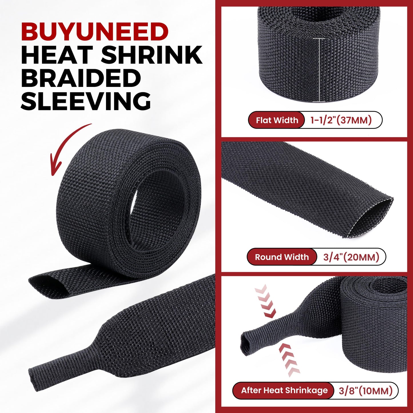 BuyUneed 2:1 Ratio Heat Shrinkable Braided Wiring Sleeving 3/4" ID-46ft
