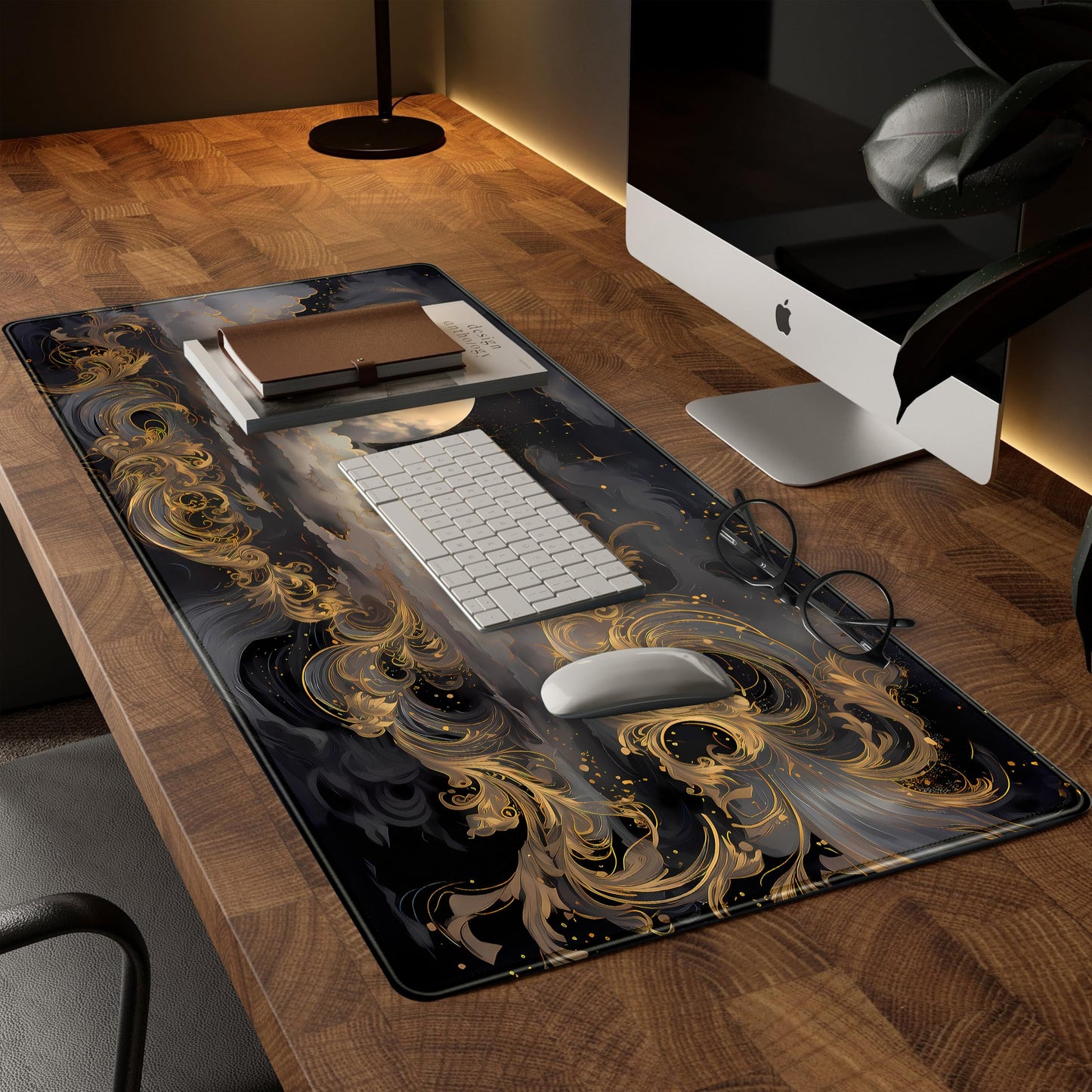 DKPXFG Golden Moon Desk Pad Black Desk Mat XXL Mouse Gaming Pads, Starry Sky Keyboard Pads Extra Large Desktop Computer Mats with Non-Slip Base & Stitched Edges, Vintage Office Decor 31.5" x 15.7"