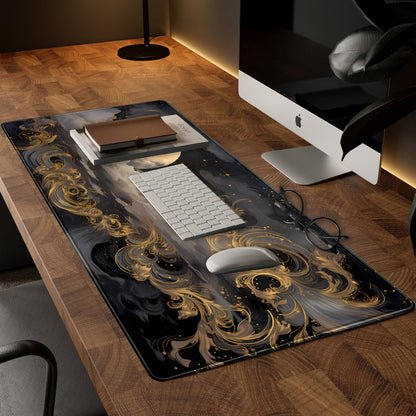 DKPXFG Golden Moon Desk Pad Black Desk Mat XXL Mouse Gaming Pads, Starry Sky Keyboard Pads Extra Large Desktop Computer Mats with Non-Slip Base & Stitched Edges, Vintage Office Decor 31.5" x 15.7"