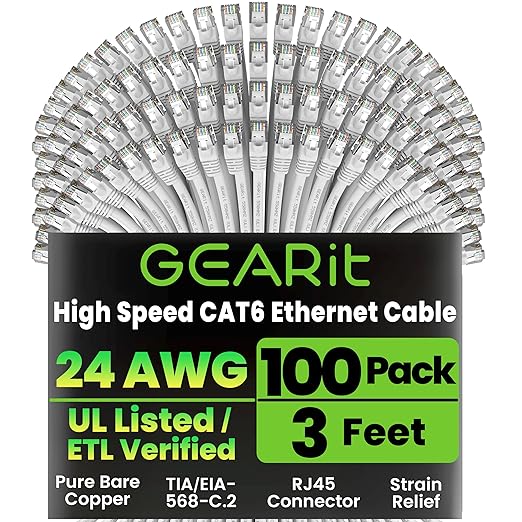 GEARit Cat 6 Patch Cables 3 ft White (100 Pack) - Cat6 Patch Cables 3ft White/Ethernet Patch Cable, 10Gbps 550MHz 24AWG Pure Copper, Snagless, Gold Plated RJ45 for Router, Server, Router, PC