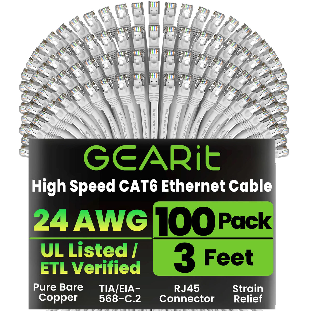 GEARit Cat6 Patch Cables Cat 6 Ethernet Cable 1.5 ft 100-Pack Black