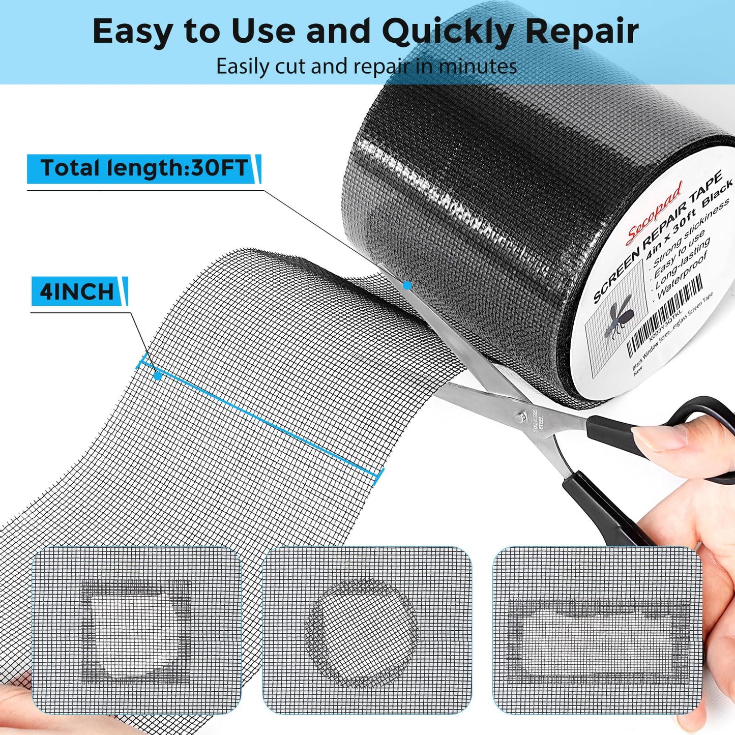 Secopad 4" x 360" (30FT) Screen Repair Tape, Screen Repair Kit, Black