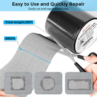 Secopad 4" x 360" (30FT) Screen Repair Tape, Screen Repair Kit, Black