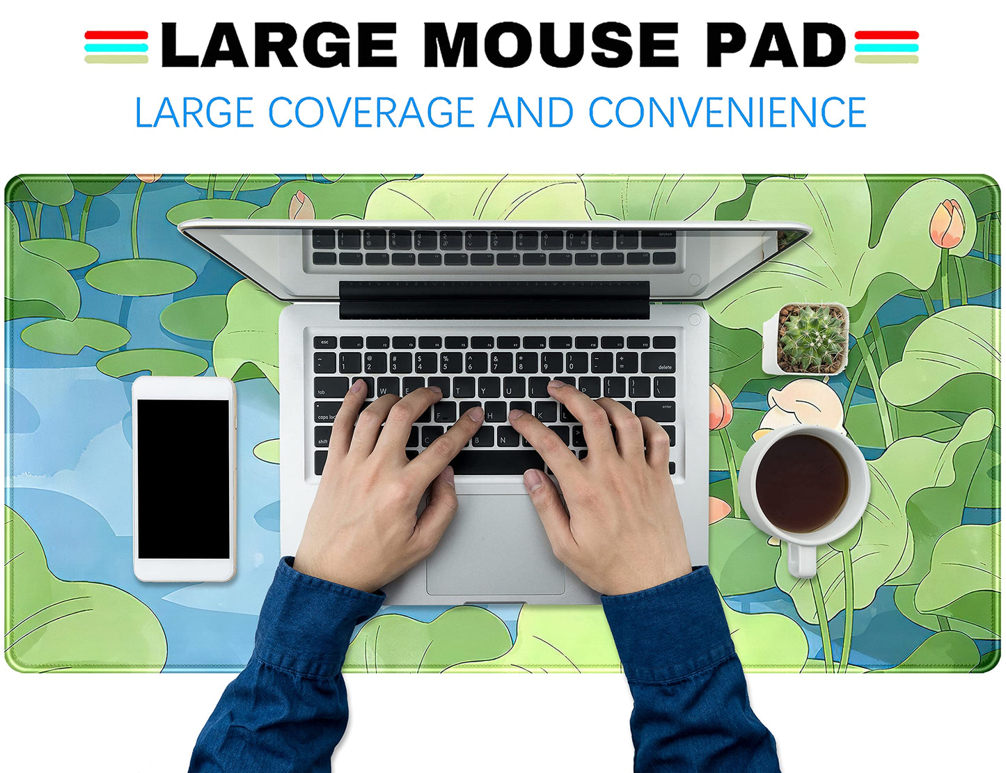 Green Cute Anime Desk Mat Kawaii Cartoon Ducks Gaming Mouse Pad XXL Large Anime Girl Gamer Mousepad Women Office Decor Desk Pad Aesthetic Lotus Leaf Laptop Keyboard Pad Computer Mat 31.5x15.75 in