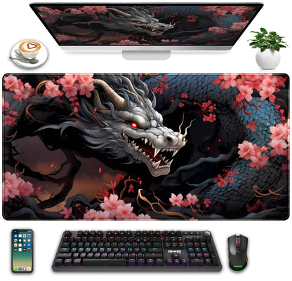 Cute Sakura Dragon Gaming Mouse Pad Kawaii XXL Large Extended Anime Desk Mat, Non-Slip Rubber Base Mousepad, Office Decor Desk Pad, Cool Keyboard and Mouse Mat with Stitched Edges, 31.5x15.75 in