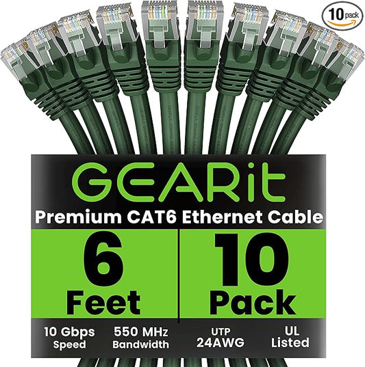 GEARit Cat 6 Ethernet Patch Cable 6 ft Green (10 Pack) Cat6 Patch Cables 6ft Green/Ethernet Patch Cable, 10Gbps 550MHz 24AWG Pure Copper, Snagless, Gold Plated RJ45 for Router, Server, Router, PC