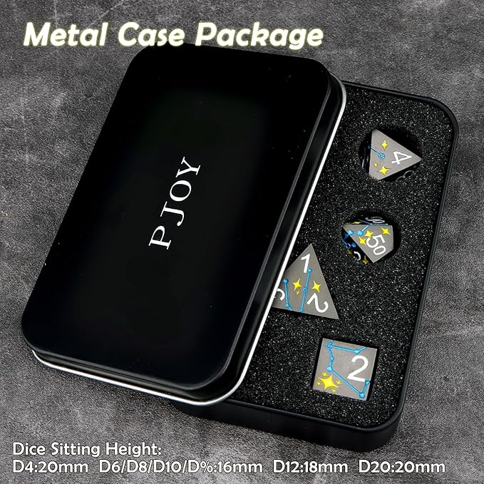 PJOY Metal Dice Set D&D Star DND Dice Set Polyhedral Dice for RPG Role Playing Games Dungeons and Dragons TTRPG Black Yellow Blue DND Dice for DND Gamers