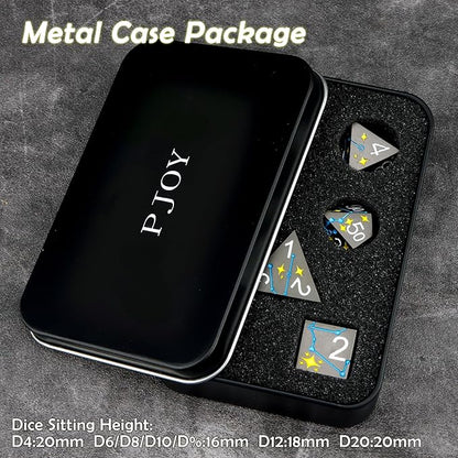 PJOY Metal Dice Set D&D Star DND Dice Set Polyhedral Dice for RPG Role Playing Games Dungeons and Dragons TTRPG Black Yellow Blue DND Dice for DND Gamers