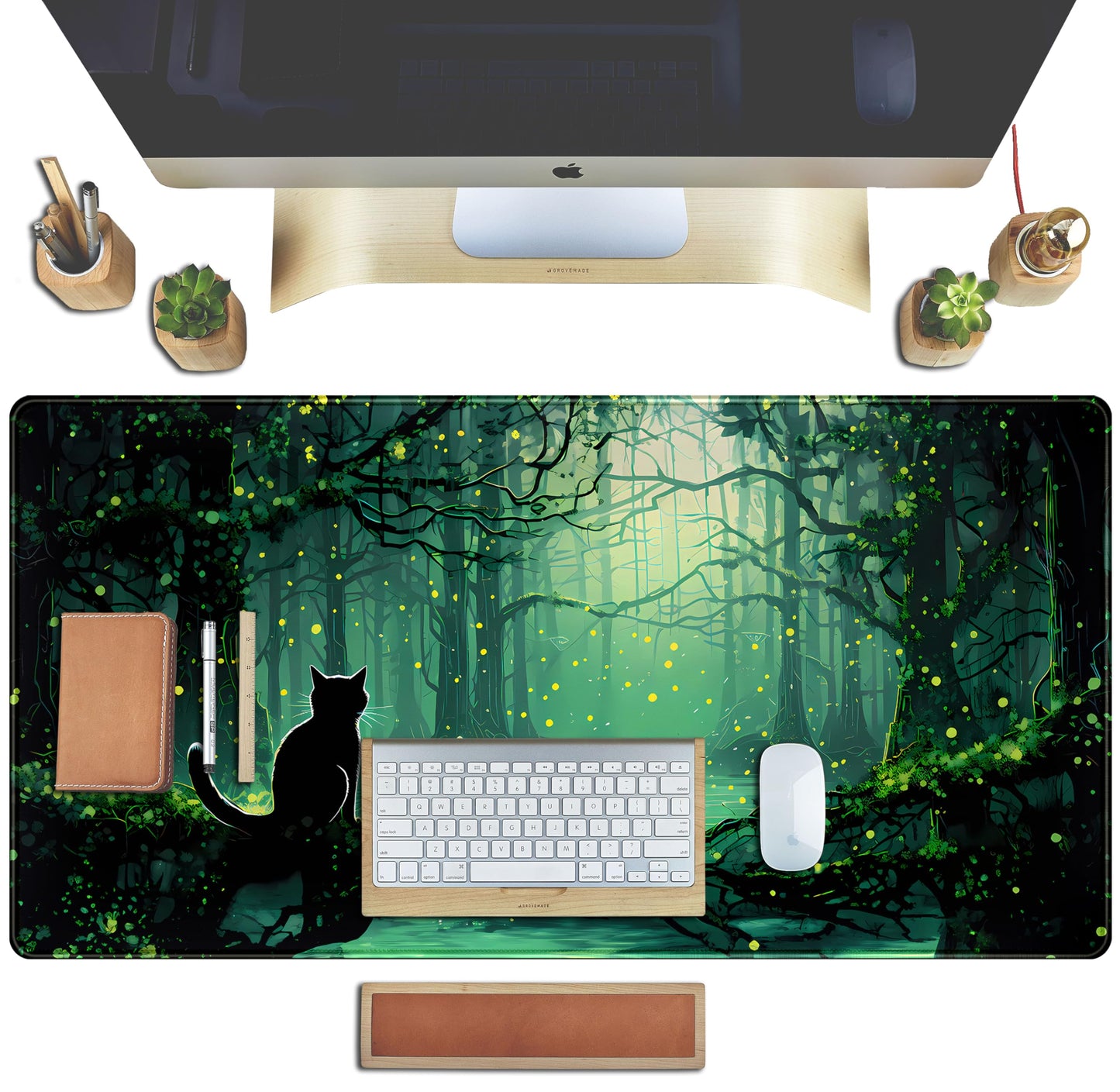Kawaii Green Forest Desk Pad Mouse Pad Cute Black Cat Desk Mat, XXL Extended Anime Cats Large Gaming Mousepad, Computer Keyboard and Mouse Deskpad Decor Deskmat with Stitched Edges Mat 31.5x15.7 in