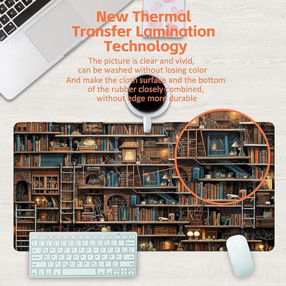 Desk Pad, Fantasy Shelves Desk Mat, Shelves Full of Books Large Gaming Mouse Pad for Desk, 31.5"x15.7" Extended Big Computer Keyboard Mouse Pad with Non-Slip Base and Stitched Edge
