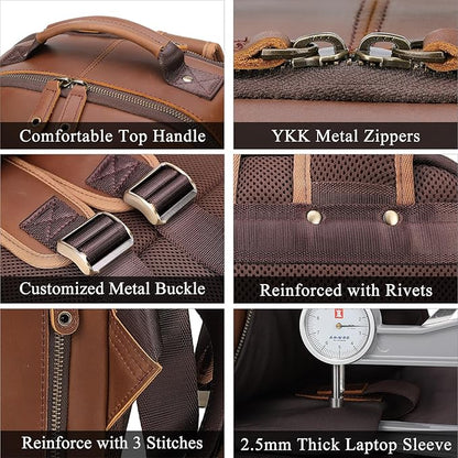 TIDING Brown Leather Travel Backpack for Men, Vintage 16 Inch Laptop Casual Daypack Business Camping Overnight Rucksack
