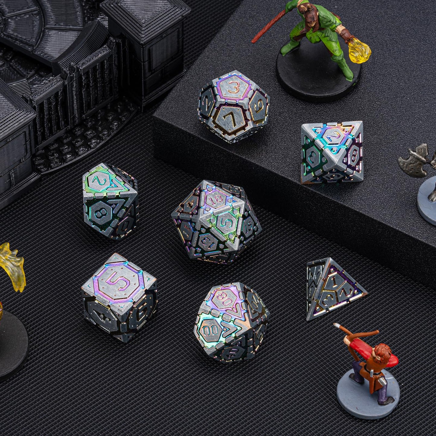 DND Metal Dice Set, Polyhedral Dice Set for RPG D&D Dice with Cracks Dungeons and Dragons Dice Set for RPG TTRPG D&D Die with Gift Case（Silver and Coloured Ink-1） for Ages 15 and Up