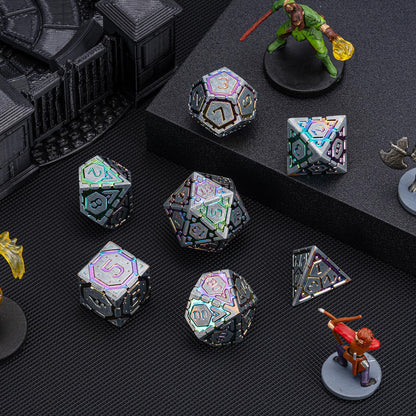 DND Metal Dice Set, Polyhedral Dice Set for RPG D&D Dice with Cracks Dungeons and Dragons Dice Set for RPG TTRPG D&D Die with Gift Case（Silver and Coloured Ink-1） for Ages 15 and Up