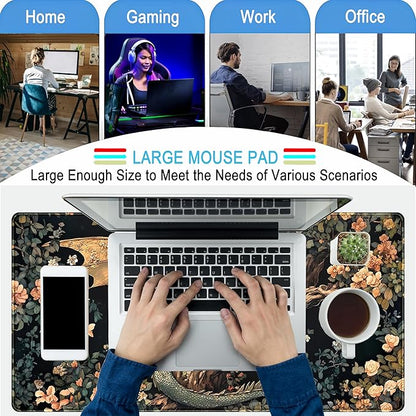 Desk Mat Cute Enchanted Forest Dragon Kawaii Mouse Pad XXL Large Extended Vintage Academia Anime Desk Pad, Cozy Computer Playmat Laptop Keyboard and Mouse Mat with Stitched Edges, 31.5x15.7 in