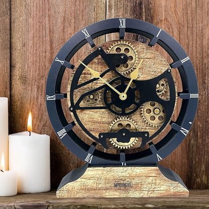 ImprovingLife The Gears Clock Desk Clock 10 inches with Real Moving Gears Convertible into Wall Clock (Vintage Brown)