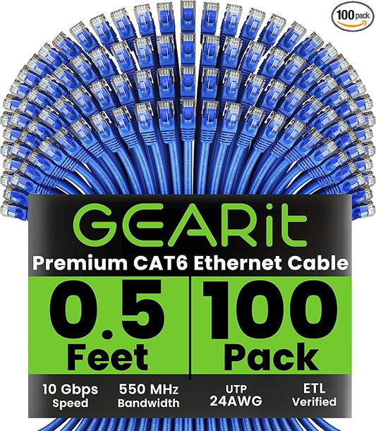 GEARit Cat 6 Ethernet Patch Cable 0.5 ft Blue (100 Pack) - Cat6 Patch Cables 0.5ft Blue/Ethernet Patch Cable, 10Gbps 550MHz 24AWG Pure Copper, Snagless, Gold Plated RJ45 for Router, Server, Router, PC