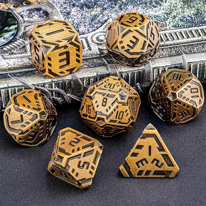 Metal DND Sci-fi Dice Set 7PCS Stripe Polyhedral Dice for Dungeons Dragons RPG Role Playing Game, Glitter D and D Dice with Gift Box D6 D8 D10 D12 D20 (Antique Gold)