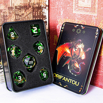 ORIFANTOU Magic Golden Ring DND Dice Set with Case, Green Resin Sharp Edge D and D Dice for use with D&D Tabletop Games Lord Handmade Polyhedral Dice Set D20 D12 D10 D8 D6 D4