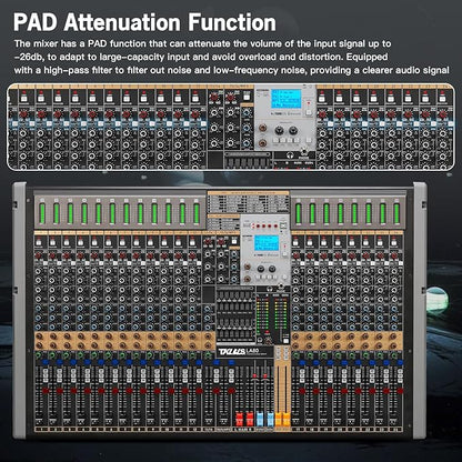 Professional Audio Mixer, 24 Channel Sound Board Mixing Console, Dual DSP Reverb, Dual 7-Band EQ, 48V Phantom Power, 4 Group Stereo Output Input, Mixer for Church