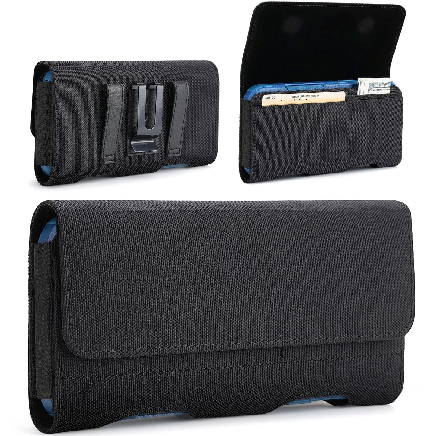 Mopaclle Nylon Phone Holster with Heavy Duty Metal Belt Clip and Card Holder, Compatible with iPhone 13/12 Mini, iPhone SE, iPhone 8/7/6S/6, and Galaxy S7/S6/S5 - Black