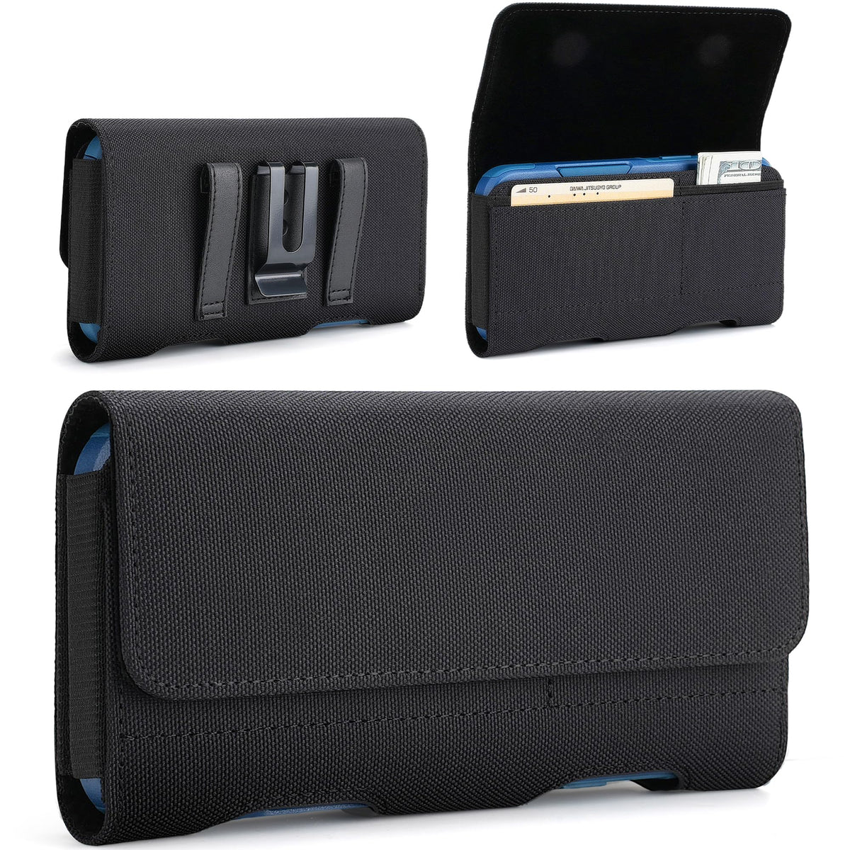Mopaclle Nylon Phone Holster with Heavy Duty Metal Belt Clip and Card Holder, Compatible with iPhone 13/12 Mini, iPhone SE, iPhone 8/7/6S/6, and Galaxy S7/S6/S5 - Black