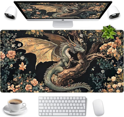 Desk Mat Cute Enchanted Forest Dragon Kawaii Mouse Pad XXL Large Extended Vintage Academia Anime Desk Pad, Cozy Computer Playmat Laptop Keyboard and Mouse Mat with Stitched Edges, 31.5x15.7 in