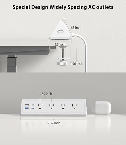 Jgstkcity Desk Clamp Power Strip,20W Fast Charging Station,Surge Protector Nightstand Edge Mount,1875W Extension Cord with Multiple Outlets,2 USB-C,2 USB-A,for Home Office (White, 10 FT)