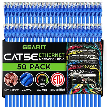 GearIT 50-Pack, Cat5e Ethernet Patch Cable 2 Feet - Snagless RJ45 Computer LAN Network Cord, Blue - Compatible with 48 Port Switch POE Rackmount 48port Gigabit