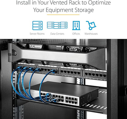 StarTech.com 2U Server Rack Shelf - Universal Vented Rack Mount Cantilever Tray for 19" Network Equipment Rack & Cabinet - Heavy Duty Steel - Weight Capacity 50lb/23kg - 16" Deep Shelf, TAA