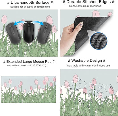 WatercolorTulip Flower Mouse Pads,Extended Gaming Mousepad XXL Kawaii Anime Desk Mat Pink Green Large Full Desk Mouse Pad for Wireless Mouse Keyboard Mat with Stitched Edges 31.5" x15.75