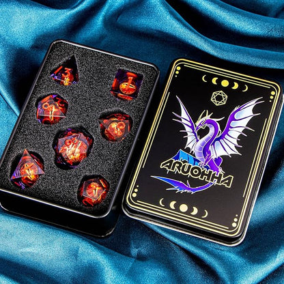 ARUOHHA DND Resin Dice Gazes Eye Dice Purple Red Liquid Core Flaming RPG Sharp Edged Dice Set with Gift Box, Polyhedral D and D Dice Set Compatible with Dungeons Dragons Role Playing Game D20 D6