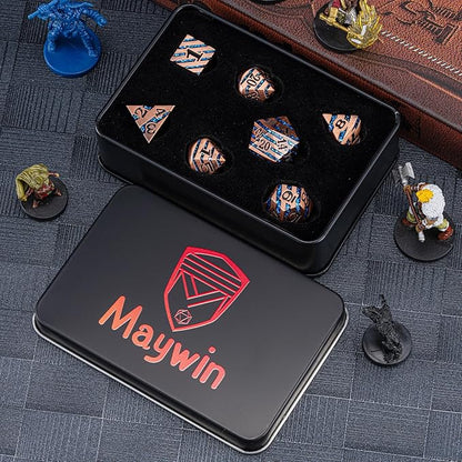 Metallic Glitter Stripes D&D Dice Set,7 PCS Polyhedral Dice Set with Gift Metal Box for Dungeons and Dragons,DND Metal Dice for Tabletop Game (Antique Copper Blue)