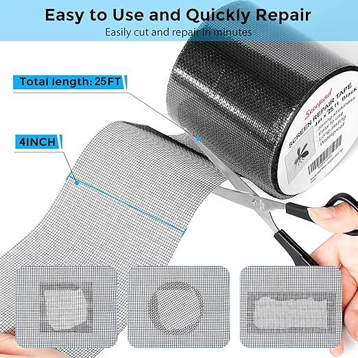Secopad 4" x 300" (25FT) Screen Repair Tape, Screen Repair Kit, Black