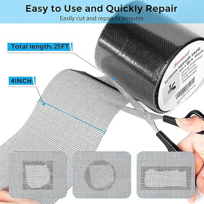 Secopad 4" x 300" (25FT) Screen Repair Tape, Screen Repair Kit, Black