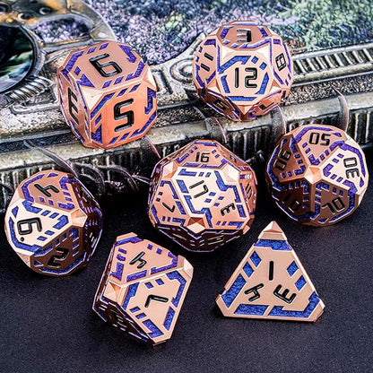 Metal DND Sci-fi Dice Set 7PCS Stripe Polyhedral Dice for Dungeons Dragons RPG Role Playing Game, Glitter D and D Dice with Gift Box D6 D8 D10 D12 D20 (Copper Blue)