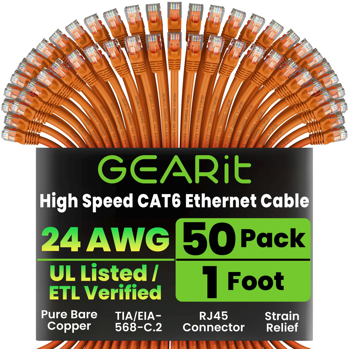 GEARit Cat6 Patch Cables Cat 6 Ethernet Cable 2 ft 50-Pack Black
